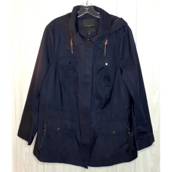 Talbots Rain Jacket Midnight Blue Size 2X Lots of Pockets Hood EUC - Picture 1 of 10